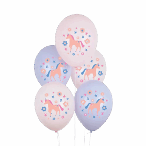 Pack de 5 globos de látex con estampado de unicornio.