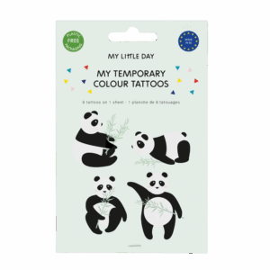 Hoja de 8 tattoos temporales con diseño de pandas.