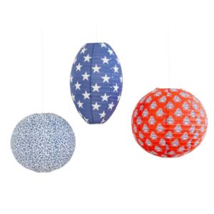 Set de tres farolillos de papel colgante de ( 33, 35 y 38 cm. En tonos azul, rojo y blanco.