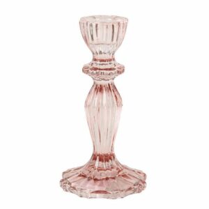 Portavelas rosa de vidrio de 16cm. Ideal para decorar mesas de bolsa, comunión, bautizo y celebraciones.