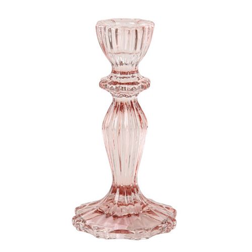 Portavela cristal rosa Portavelas rosa de vidrio de 16cm. Ideal para decorar mesas de bolsa, comunión, bautizo y celebraciones.
