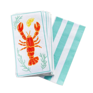 Servilletas de papel Langosta Mediterránea con diseño reversible de langosta coral y rayas menta, pack de 16 unidades.