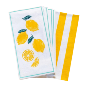 Servilletas de papel Limones con diseño reversible, por una lago limones y por el otro rayas menta, pack de 16 unidades.