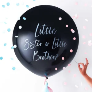 Globo XXL Gender Reveal little sister or little brother con confetti rosa y azul sin hinchar