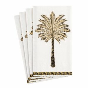 Pack de 15 servilletas buffet Grand palms black de 33 x 40 cm con levante diseño de palmera en negro y dorado sobre fondo blanco, paquete de 15 servilletas.