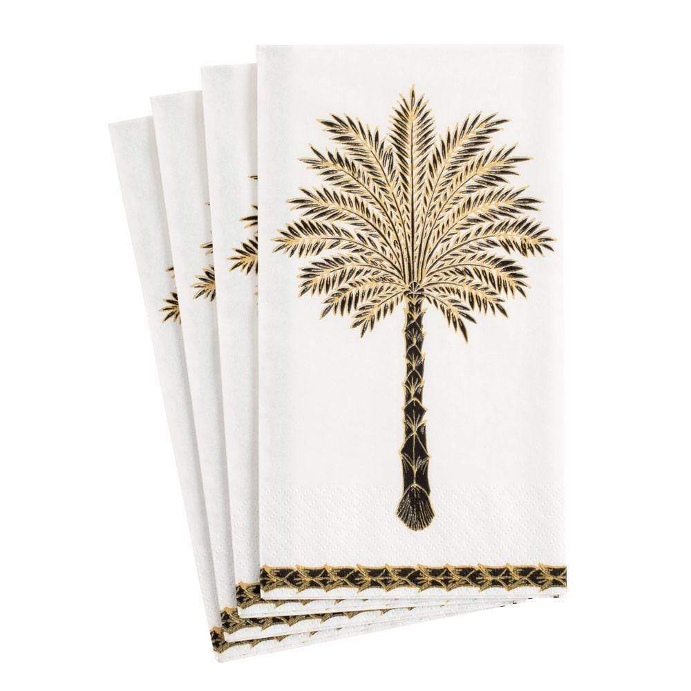 Servilletas grand palms black Pack de 15 servilletas buffet Grand palms black de 33 x 40 cm con levante diseño de palmera en negro y dorado sobre fondo blanco, paquete de 15 servilletas.