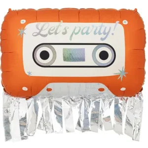 Globo de foil con forma de cinta cassette vintage y flecos plateados con el texto Let´s party de 91 x 58 cm hinchado helio