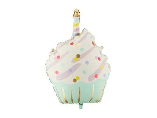 Globo cupcake Globo de foil con forma de cupcake o pastelito hinchado con helio, mide 48x68cm.