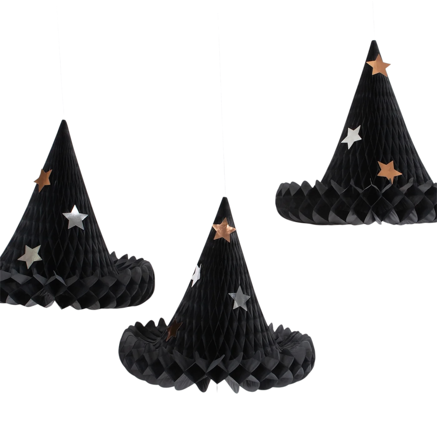 Pack sombreros bruja nido de abeja Decoración Halloween con forma de sombreros de bruja. Pack de 3 ud