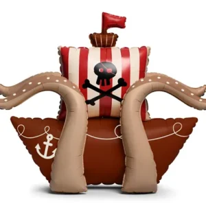Globo barco pirata de foil de 120 x 91 cm en tonos marrones, con vela de ryas rojas y blancas y calavera pirata, para cumpleaños infantiles.