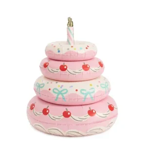 Globo tarta de cumpleaños rosa de pie de 72 x 89 cm, con cuatro piso decorados con cerezas, lazos turquesas, confeti y vela
