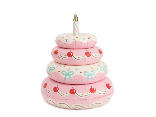 Globo tarta de pie sin hinchar Globo tarta de cumpleaños rosa de pie de 72 x 89 cm, con cuatro piso decorados con cerezas, lazos turquesas, confeti y vela