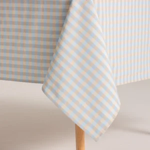 Mantel antimanchas lino con estampado vichy bicolor en celeste y grises de 140 x 240 cm