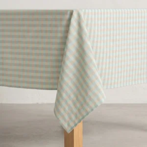 Mantel antimanchas lino con estampado vichy en color agua, mide 140 x 240cm.