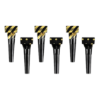 Pack de 6 matasuegras negro y dorado con estampados de raya y lunares de 28 cm extendidos.