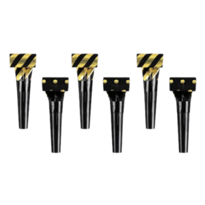 Pack de 6 matasuegras negro y dorado con estampados de raya y lunares de 28 cm extendidos.