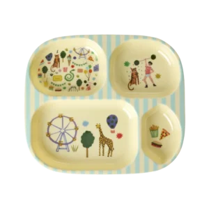 Plato de melamina de cuatro compartimentos y diseño de feria infantil en tono azules y menta