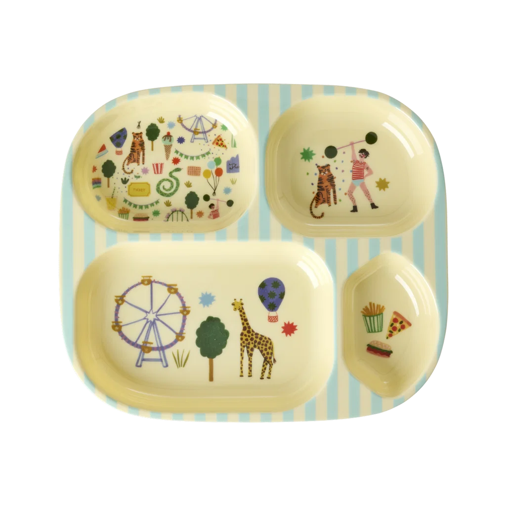 Plato cuatro compartimentos menta Plato de melamina de cuatro compartimentos y diseño de feria infantil en tono azules y menta