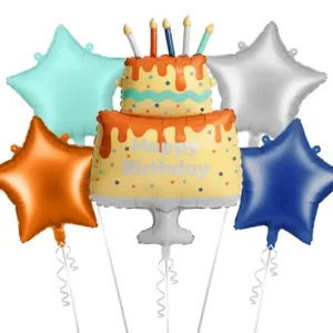 Set de globos de foil Happy Birthday hinchados con helio, con tarta amarillas y naranja de cumpleaños y cuatro estrellas en verde, menta, azul y plata.
