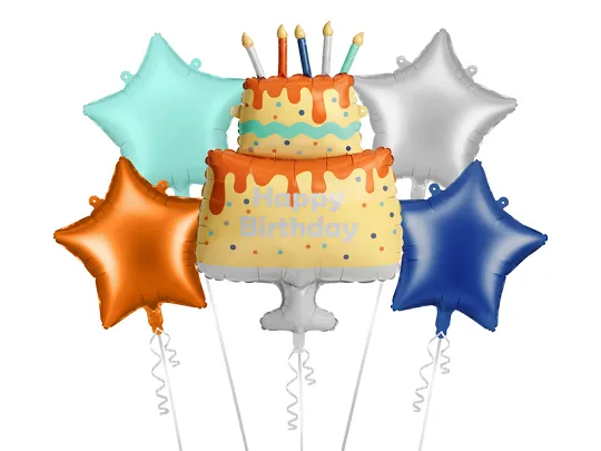Set de globos de tarta happy birthday Set de globos de foil Happy Birthday hinchados con helio, con tarta amarillas y naranja de cumpleaños y cuatro estrellas en verde, menta, azul y plata.