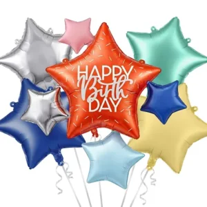 Set de 5 globos de foil con forma de estrella Happy birthday, una estrella coral y cuatro estrellas en verde, azul, plateado y amarillo.