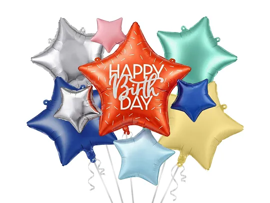 Set de globos estrella happy birthday Set de 5 globos de foil con forma de estrella Happy birthday, una estrella coral y cuatro estrellas en verde, azul, plateado y amarillo.